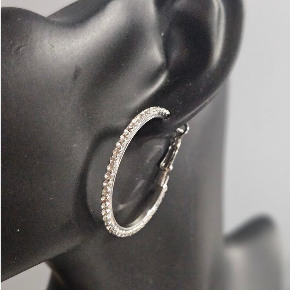 NEW Silver Tone Rhinestone Crystal Large Hoop Earrings Glam Y2K